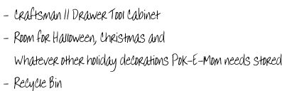 -  Craftsman 11 Drawer Tool Cabinet   -  Room for Halloween, Christmas and       Whatever other holiday decorations Pok-E-Mom needs stored  -  Recycle Bin